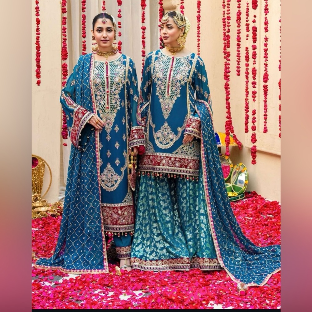 Elegant Blue Embroidered Traditional Outfit Pakistani dresssharara
